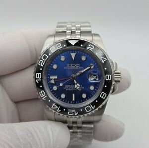New Custom 40mm SeikoMod Automatic GMT Watch Blue Dial